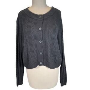 OPEN EDIT Black Cropped Cardigan Cable Knit XL Crew Neck Long Sleeve Button Up